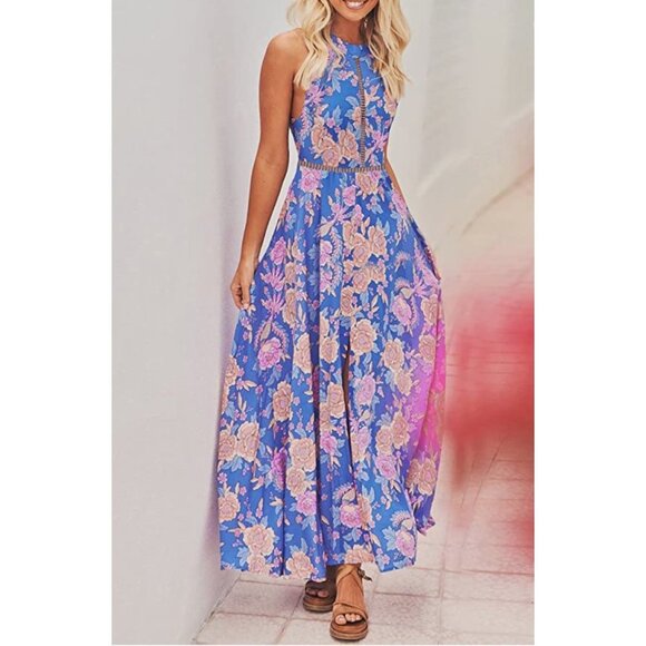 Boho Blue Multi Floral Printed Halter Neck Cut Out Flowy Long A-Line Maxi Dress - Picture 2 of 7